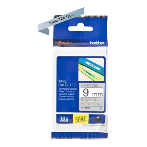 Brother tape negro sobre plata mate (TZEM921), 9mm, laminada