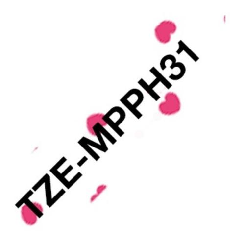 Brother tape negro sobre fondo blanco con corazones rosa (TZEMPPH31), 12mm, laminada